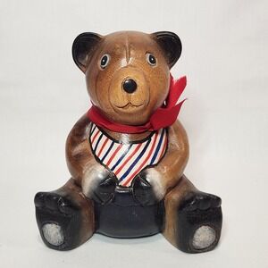 Vintage Hand Carved Wooden Teddy Bear Folk Art Patriotic Striped Suit Red Bow 7"